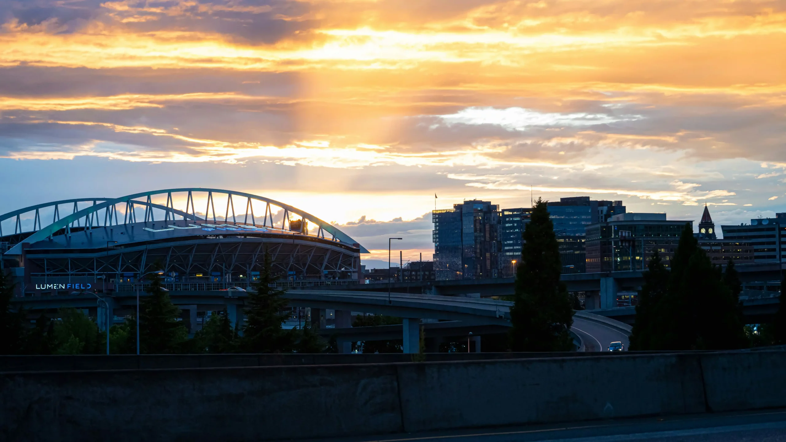 elegant wedding party entering a stretch limousine near a Seattle waterfront venue at sunset, bouquets, formalwear, and glowing city skyline in background