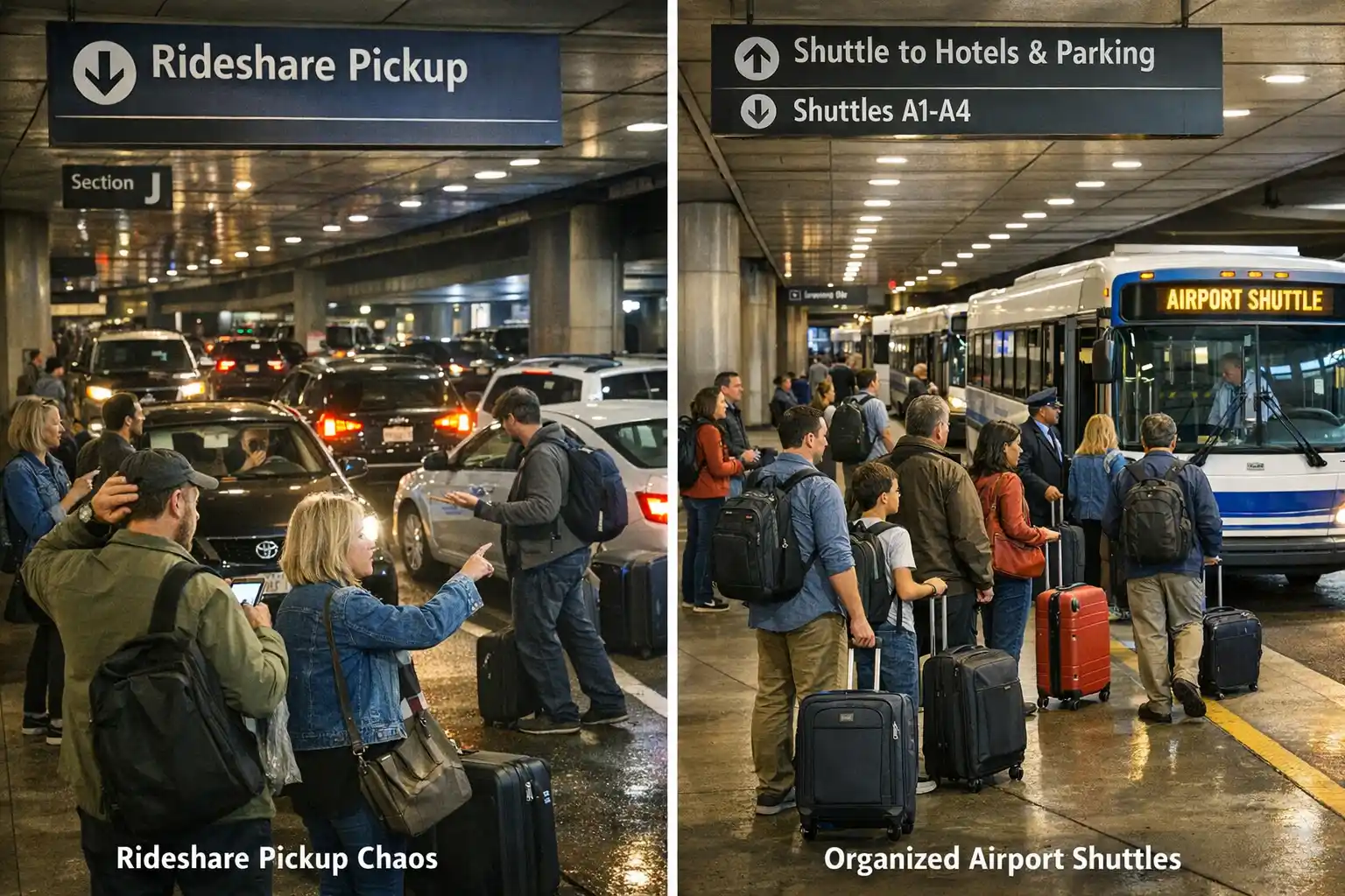 split scene showing SeaTac rideshare pickup confusion on one side and organized airport shuttle boarding on the other, travelers with luggage, clear directional signage, realist...