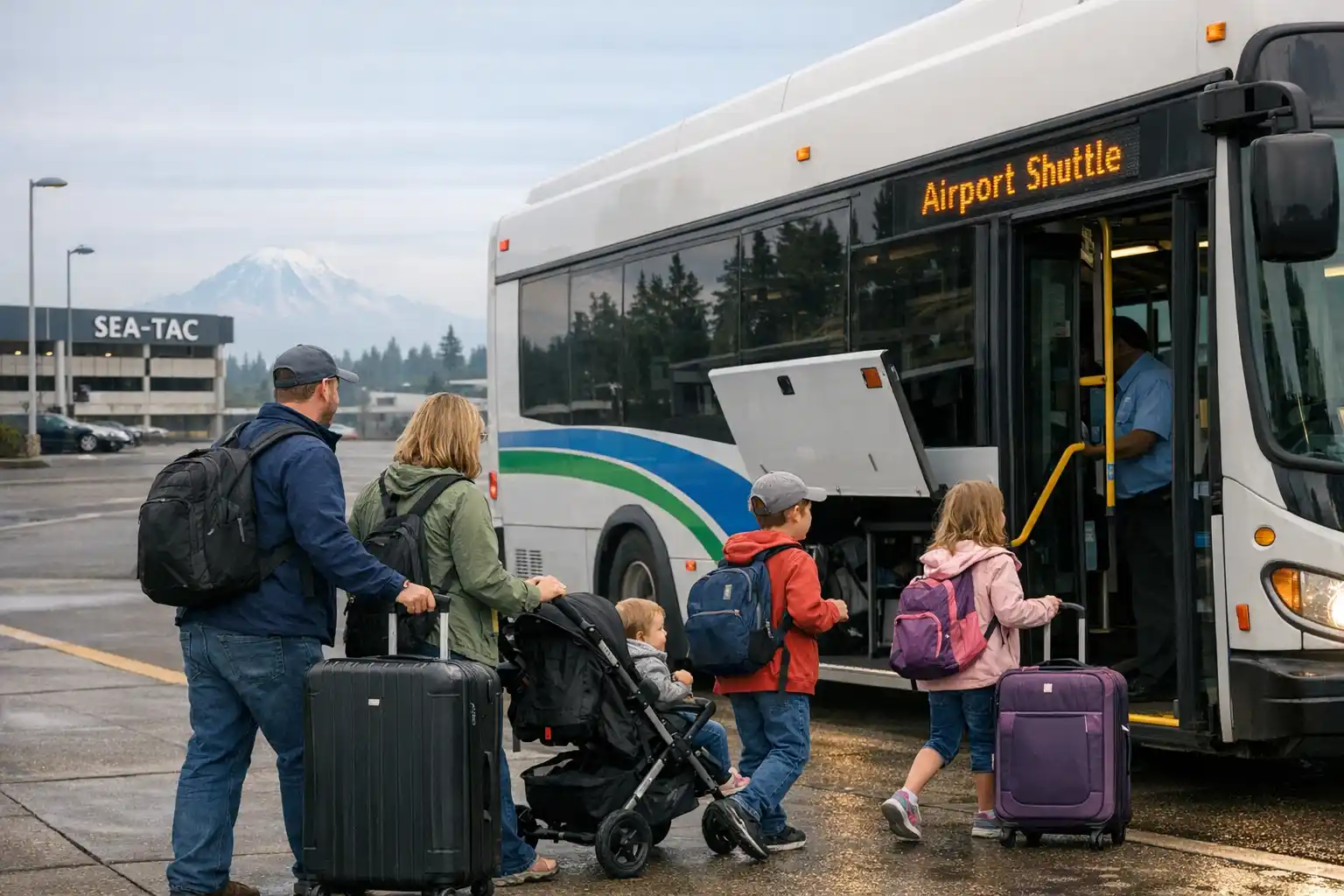 family of four with large suitcases and a stroller boarding a clean airport shuttle outside SeaTac, Mount Rainier faintly visible in the distance, realistic Pacific Northwest at...