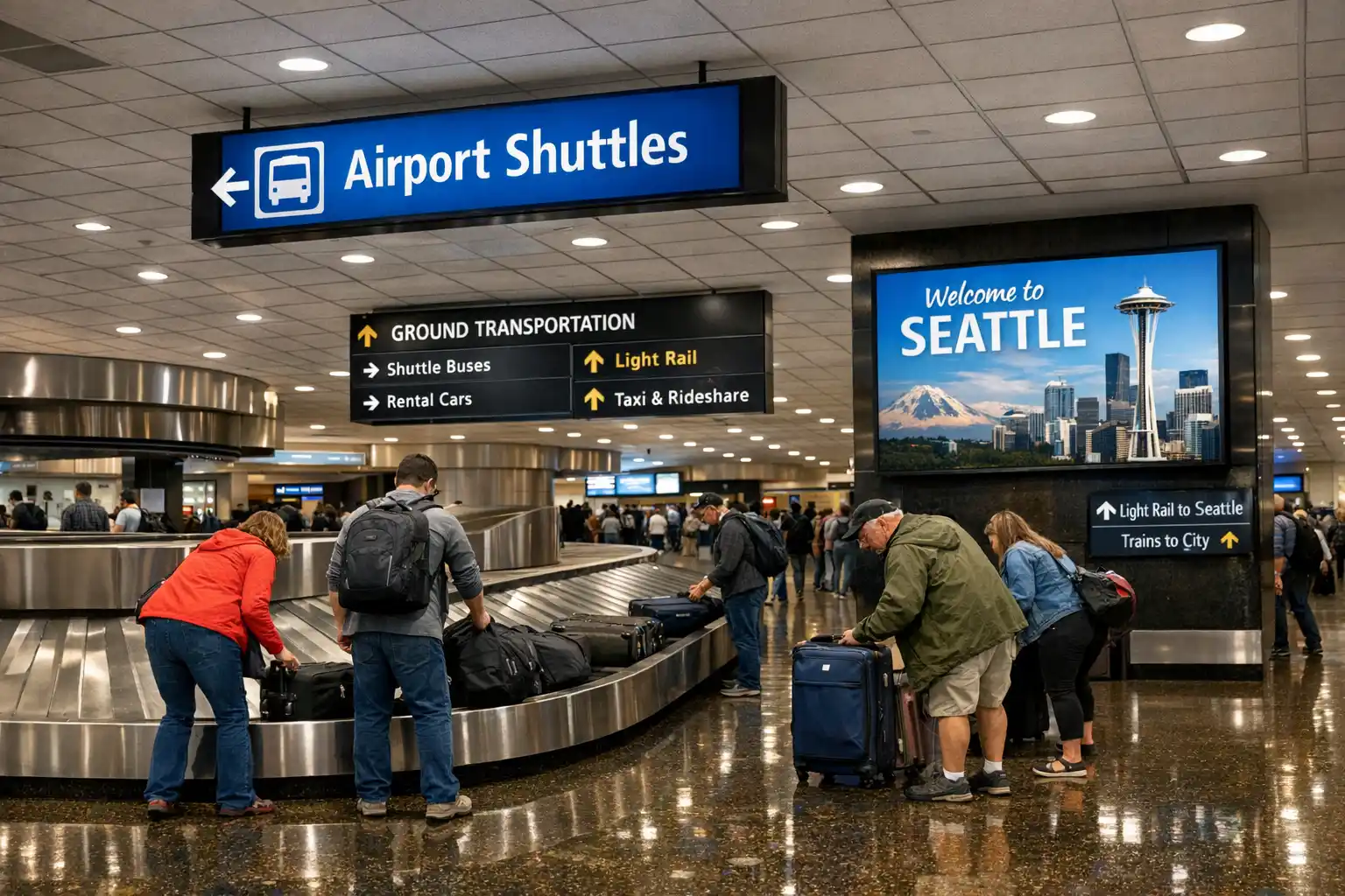 interior of SeaTac baggage claim with digital signs, travelers collecting luggage, airport shuttle directions visible, polished floors reflecting overhead lights, realistic trav...