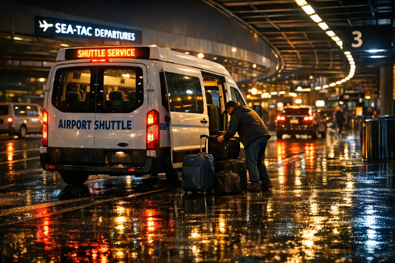 nighttime SeaTac curbside transportation scene with illuminated shuttle van, wet pavement reflecting lights after rain, traveler loading suitcases, cinematic realistic Seattle mood