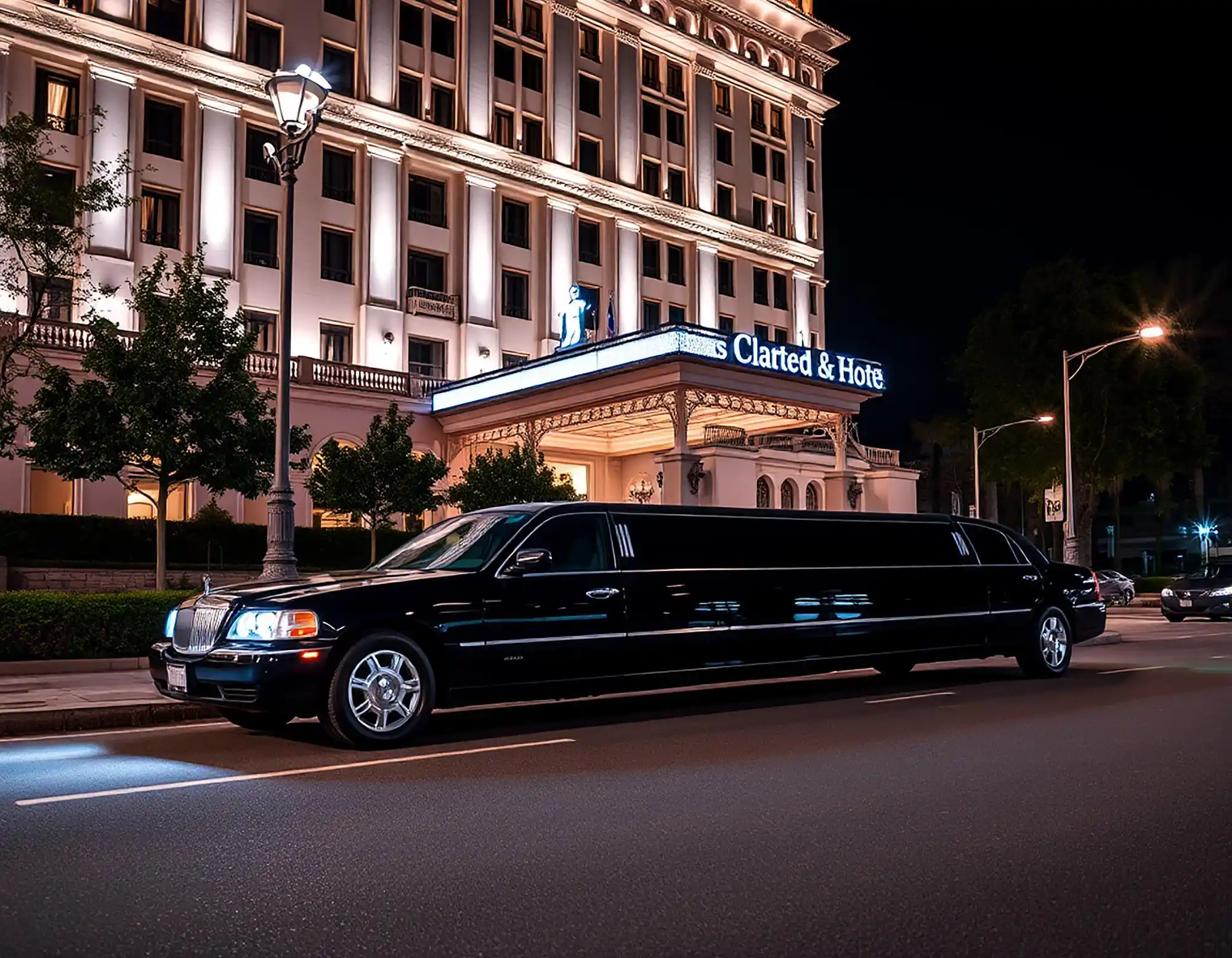 black stretch limousine parked outside a downtown Seattle hotel during golden hour, wedding guests in formal attire gathering near the entrance, Space Needle faintly visible