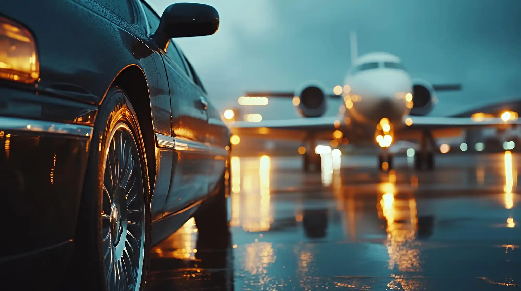 elegant black sedan waiting outside Seattle-Tacoma International Airport arrivals area at dusk, chauffeur holding digital tablet with passenger name, planes and terminal glass g...
